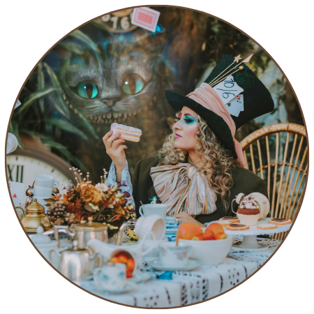 A photo of a women dressed as the Mad Hatter